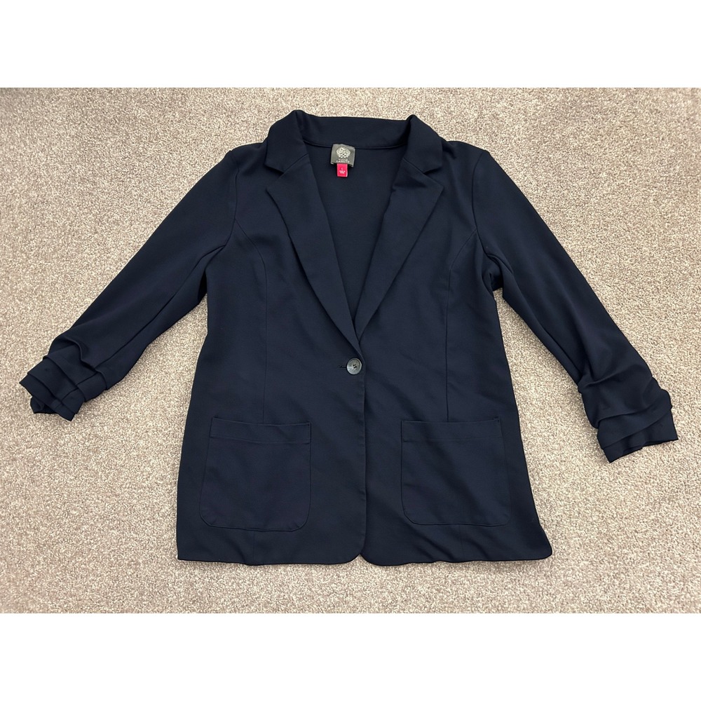 Vince Camuto Blazer Womens Large Navy Blue Excellent Ruched 3/4 Sleeve Knit